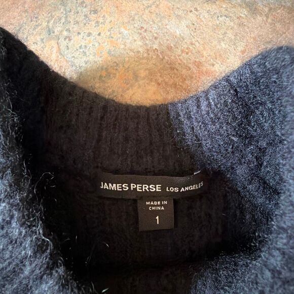 James Perse Los Angeles Cashmere Navy Funnel Neck Ribbbed Sweater with Raglan Sl - Picture 2 of 10